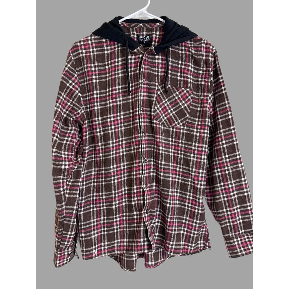 Rudolph Sportswear Mens Large Plaid Button-Up Long Sleeve Shirt W/ Hood Hoodie